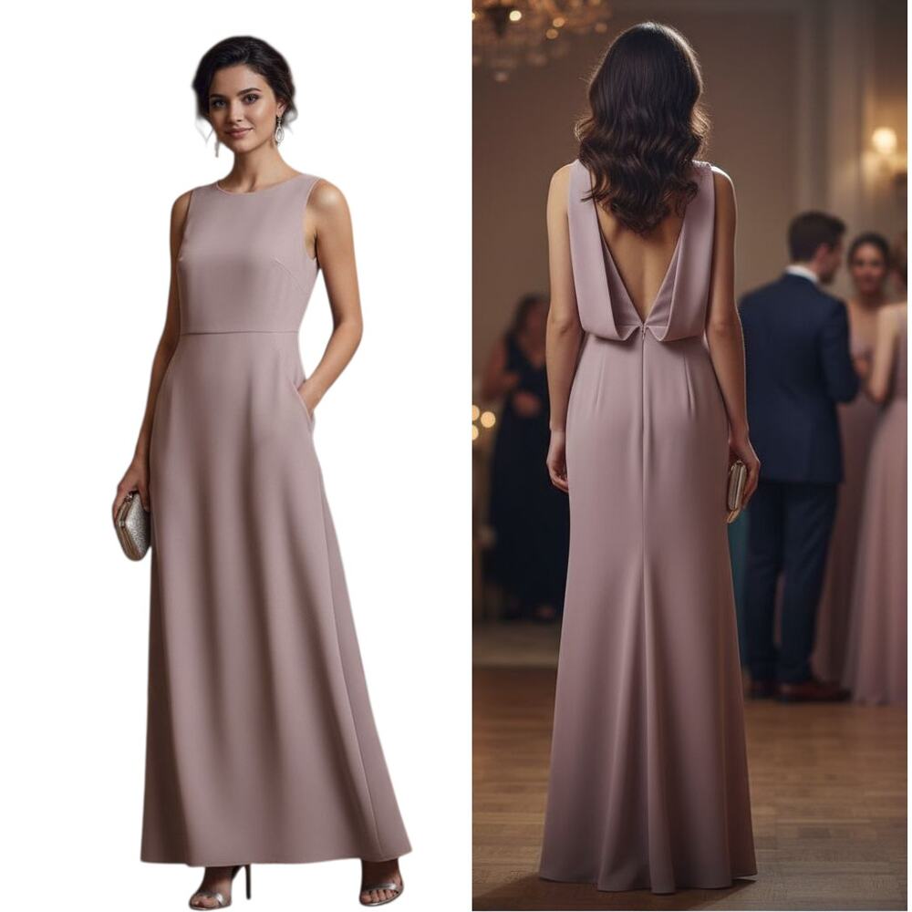 Dessy Collection Vivian Diamond Formal Maxi Dress Women's Size 14 Taupe Crepe